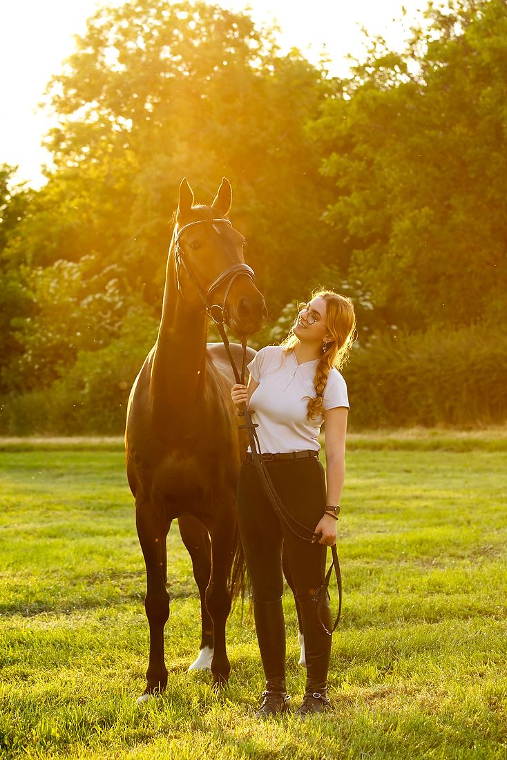 Meisje met haar paard met een mooie zonsondergang  in Limburg.