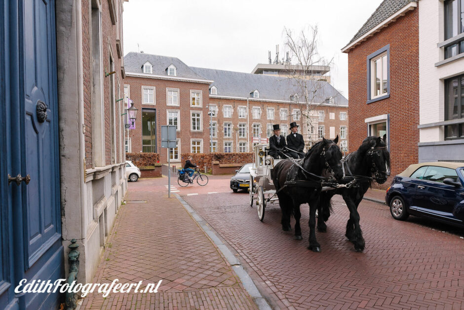 Bruidsfotograaf uit Limburg legt de koets met twee friezen vast op de Swalmerstraat in Roermond.
